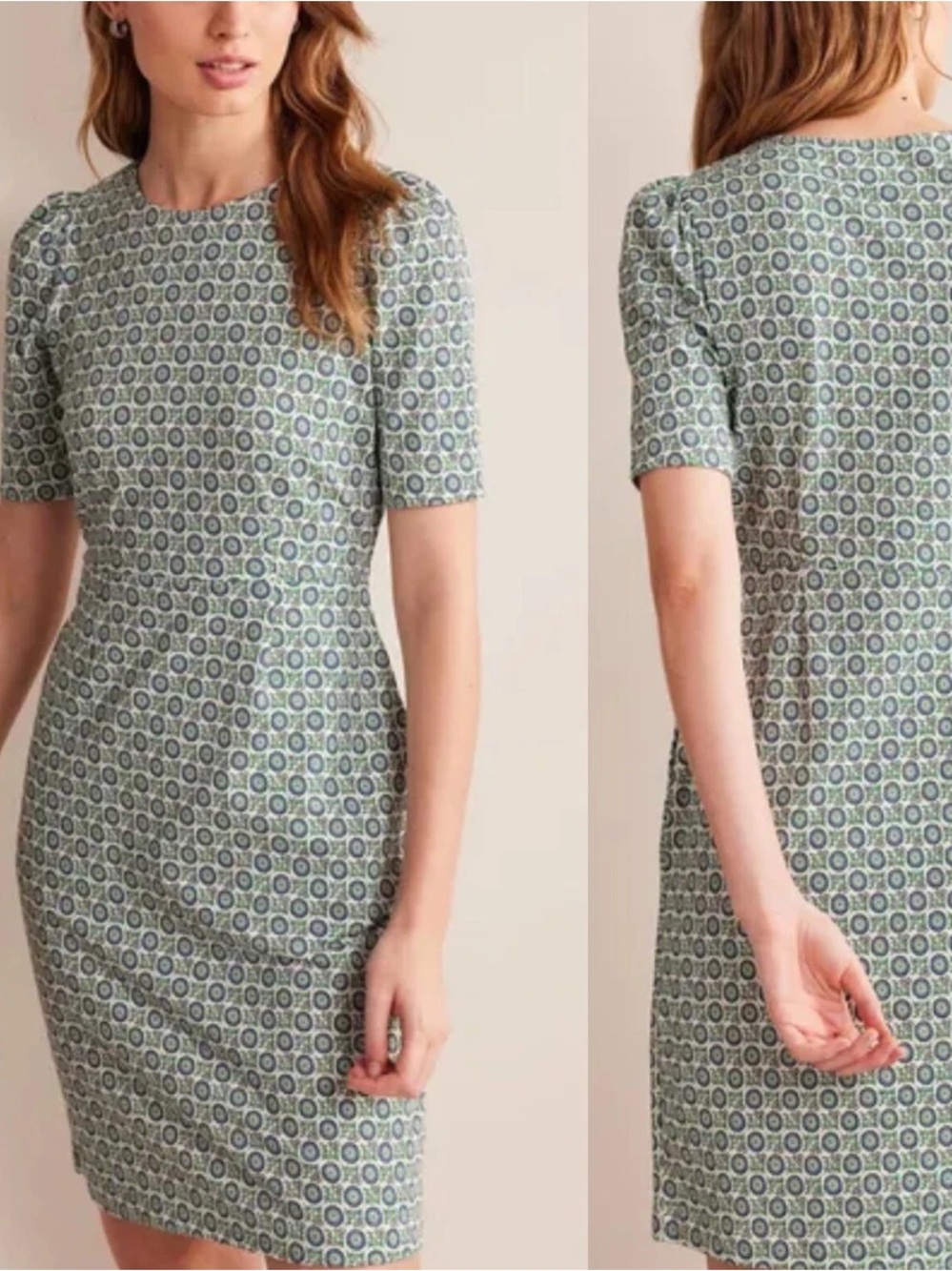 Boden Green and Blue Geometric Floral Mini Dress with Puff Sleeves